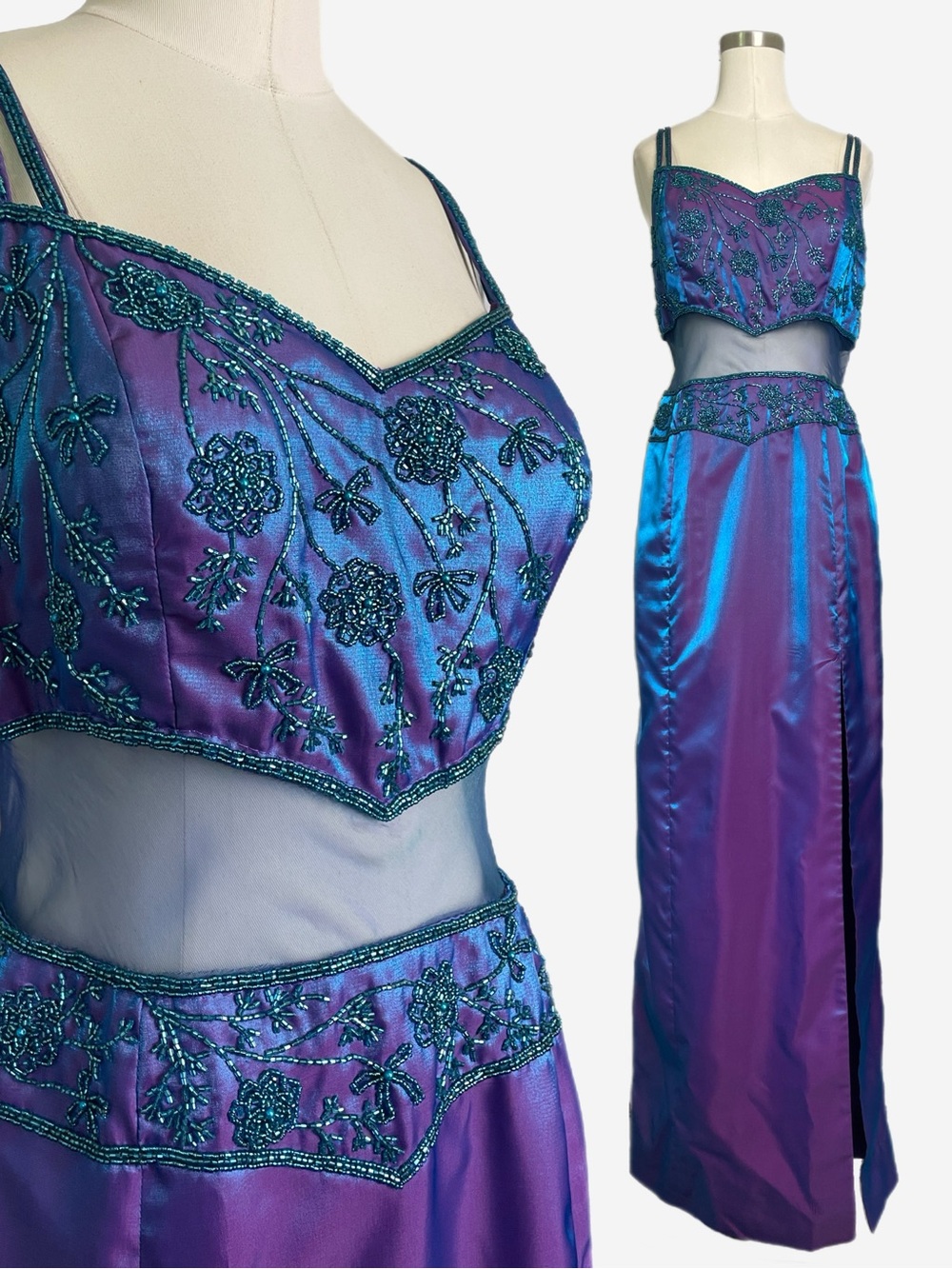Vintage Y2K Partytime Iridescent blue purple beaded sheer mesh panel gown M/L